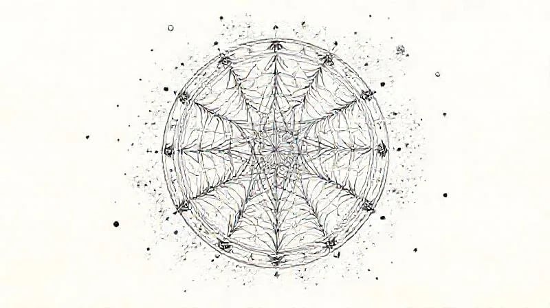 3D render of a crystalline sphere with cosmic sacred geometry patterns, surrounded by digital particles and ancient glyphs.