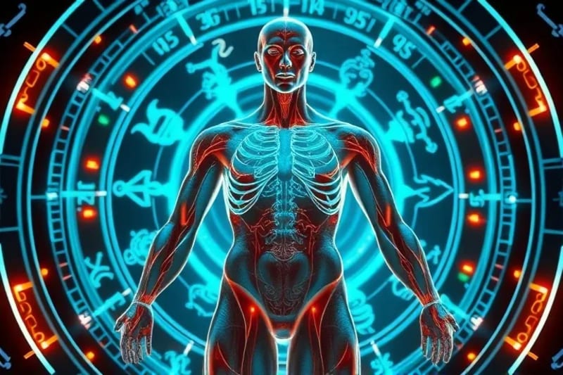 Holographic human body with astrological glyphs and lines on a futuristic medical scanner.