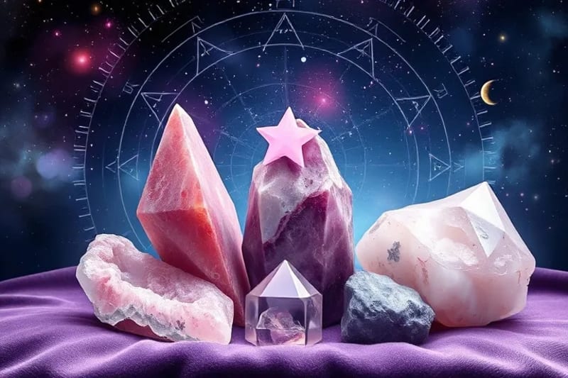 Variedad de cristales y gemas bajo la luz de la luna
