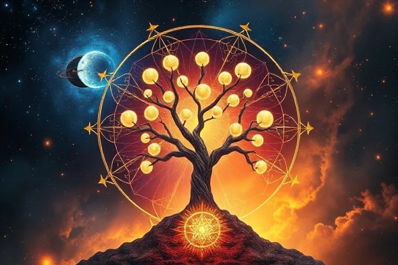 Representación abstracta de un árbol ancestral con energía de cristales