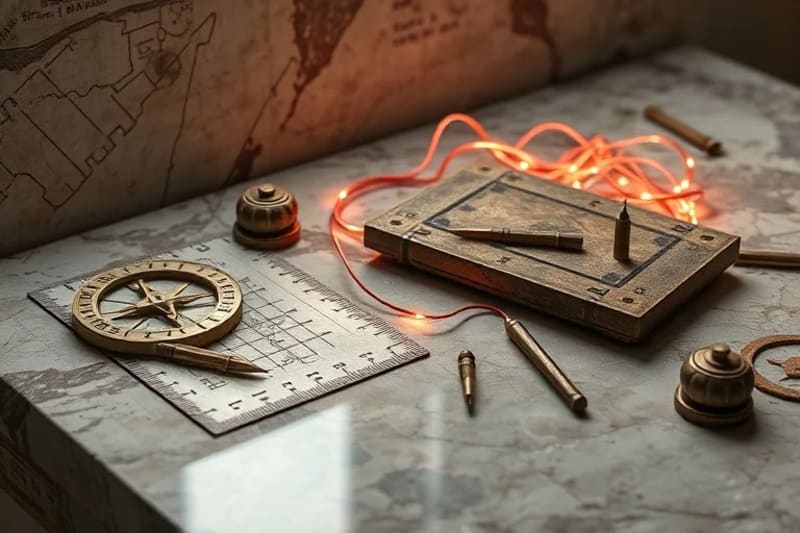 Composición abstracta de elementos históricos de cálculo como tablillas y cuentas, fusionados con representaciones futuristas de circuitos neuronales y haces de luz, simbolizando la continuidad del pensamiento computacional