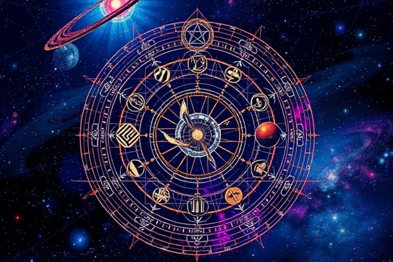 A cosmic clock with celestial bodies as gears, illustrating the intricate dance of universal rhythms and cycles.