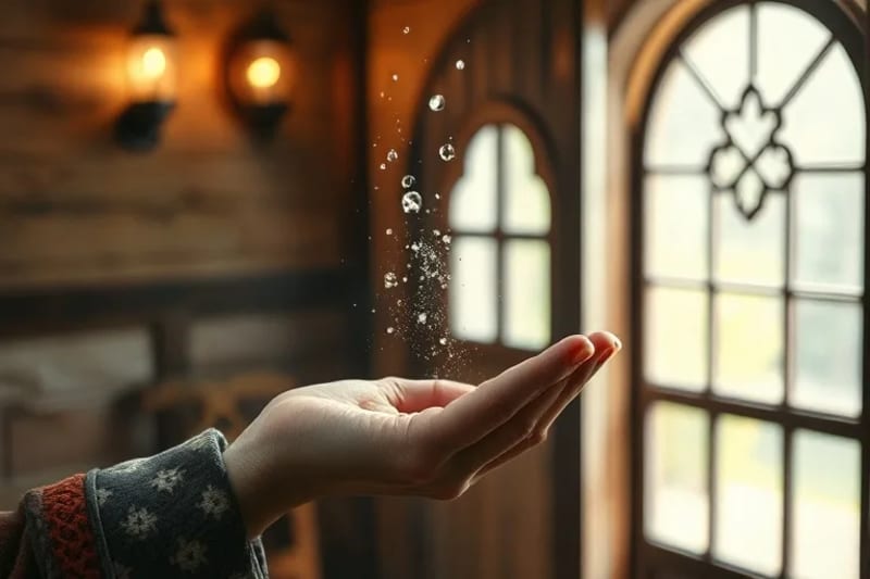 Mano bendiciendo un hogar con agua bendita, protección espiritual
