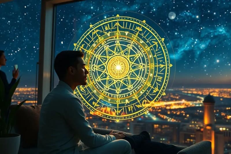 Persona contemplando una proyección holográfica de su carta astral personalizada por IA