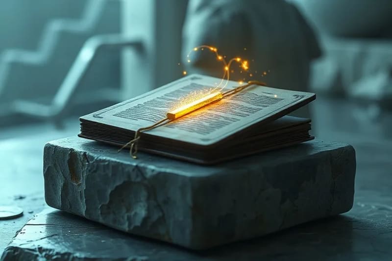 Tablet digital con cruz, hilos de luz cuánticos y reflejo de rosario
