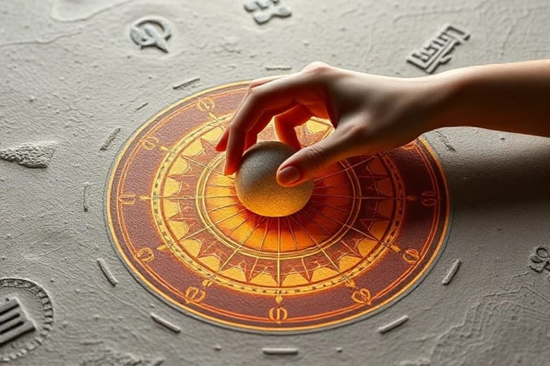 Stylized 3D render of a hand carefully placing a polished stone onto a detailed Bagua map diagram, symbolizing intentional Feng Shui arrangement for energy flow.