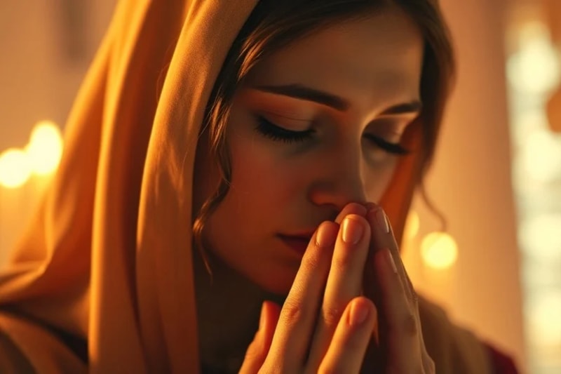 Persona en oración profunda, luz etérea, serenidad