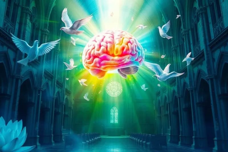 Representación abstracta del cerebro con colores fluidos y símbolos de paz