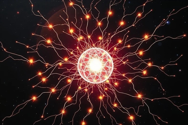 Red de vías neuronales luminosas convergiendo en un orbe de paz