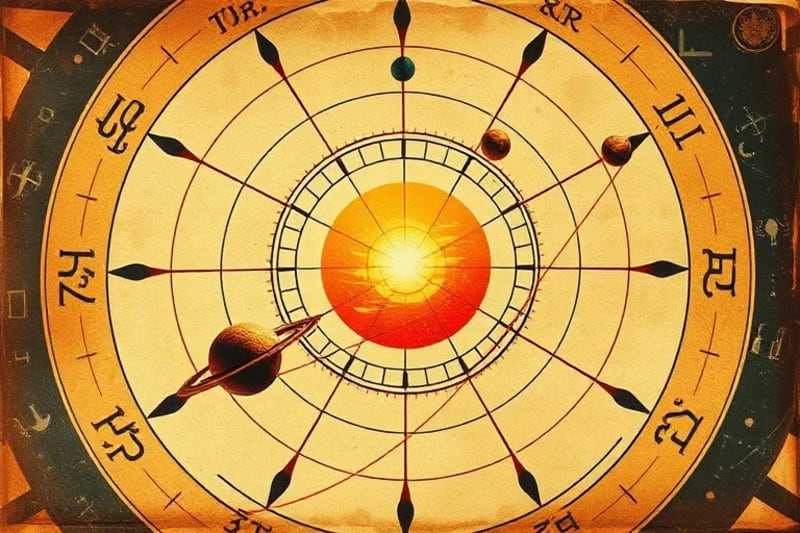 Dynamic vector art showing stylized planets orbiting a sun, with lines connecting them to a simplified stock market graph, illustrating cosmic influence.