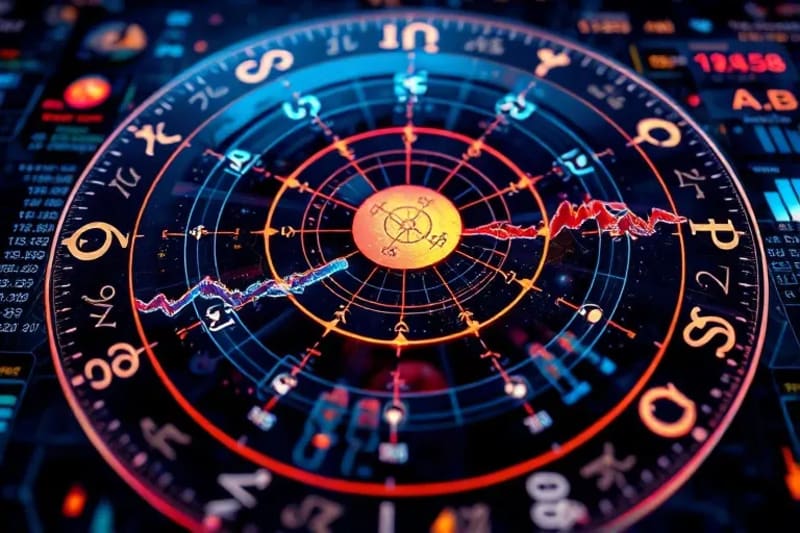 Complex 3D rendered financial dashboard with real-time market data, stock tickers, and holographic astrological charts, suggesting predictive analytics.