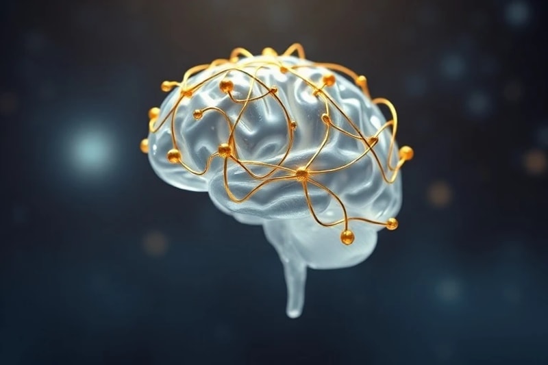 Representación conceptual de un cerebro de cristal con hilos dorados que simbolizan las conexiones neuronales y la influencia cósmica en el destino.