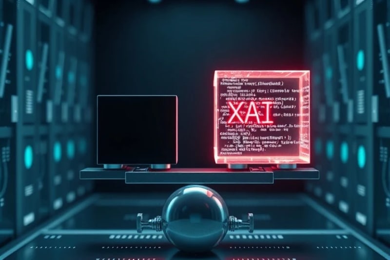Representación 3D de una balanza digital equilibrando una 'caja negra' opaca y un cubo transparente de XAI.