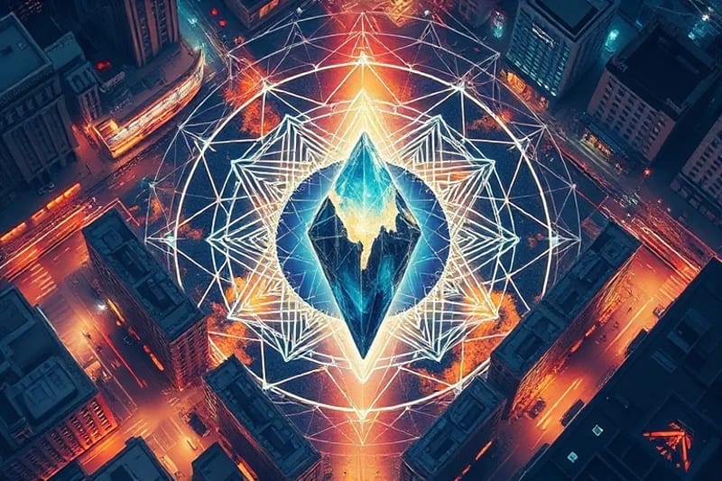 Digital painting of city energy flow with crystal grid