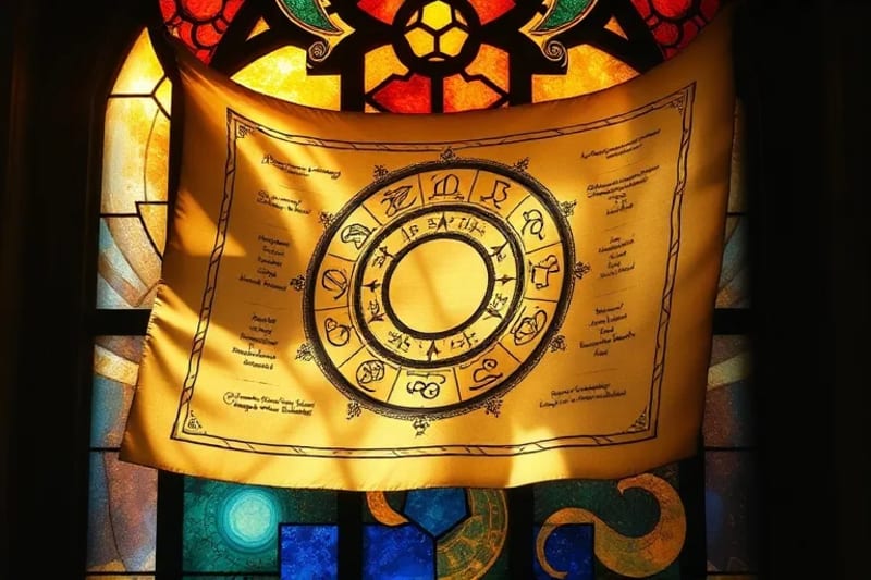 Ancient scroll with astrological chart and DNA helix