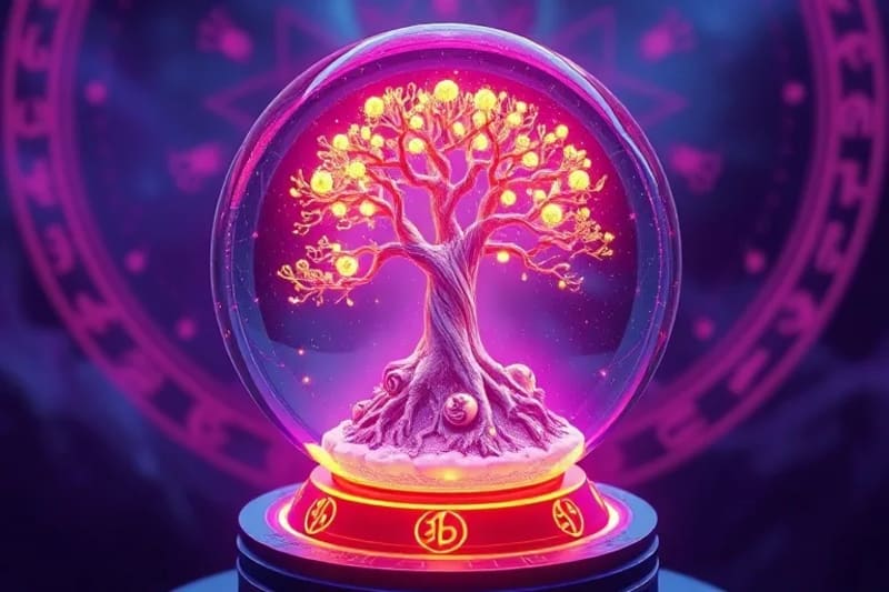 Crystal sphere with tree of life and cosmic pathways
