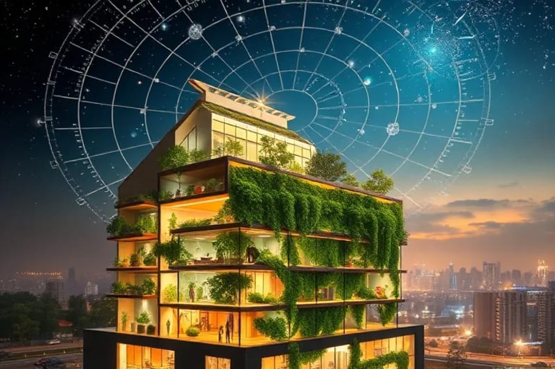 Diagrama de un edificio inteligente con sistemas de energía y jardines verticales integrados