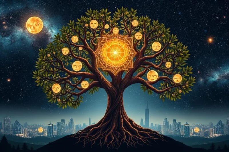 Ethereal family tree with cosmic background and ancestral faces