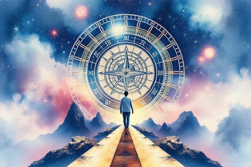 Watercolor painting of a person at a crossroads with astrological symbols
