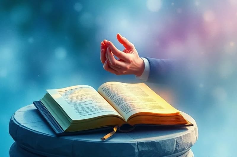 Manos en gesto de oración o meditación, con un aura de luz suave, simbolizando la paz interior y la conexión espiritual