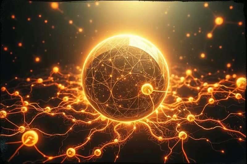 Representación abstracta de la mente humana en un entorno digital, con nodos de conexión y un punto central de calma, simbolizando la paz en la hiperconectividad