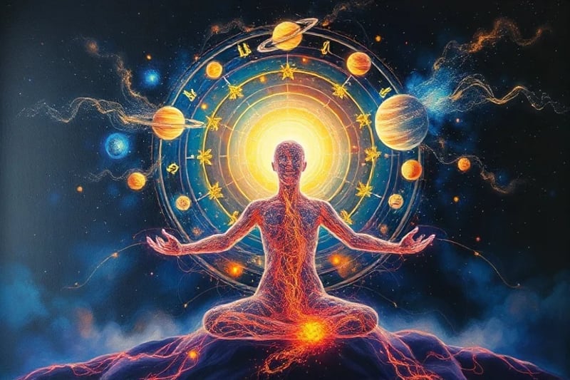 Figura humana translúcida en meditación conectada a un sistema solar estilizado, representando la conexión energética.