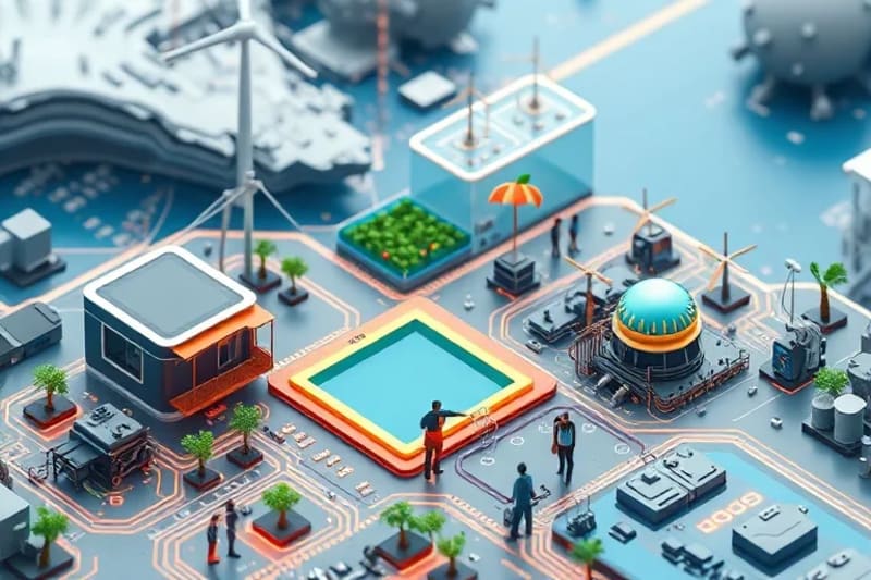 Escena urbana futurista con tecnologías avanzadas de gestión del agua, como plantas de tratamiento y sistemas de riego inteligentes.