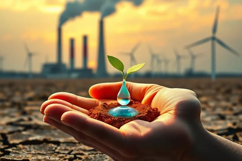 Mano estilizada sosteniendo una planta joven en tierra seca, simbolizando la esperanza y la sostenibilidad en la gestión del agua.