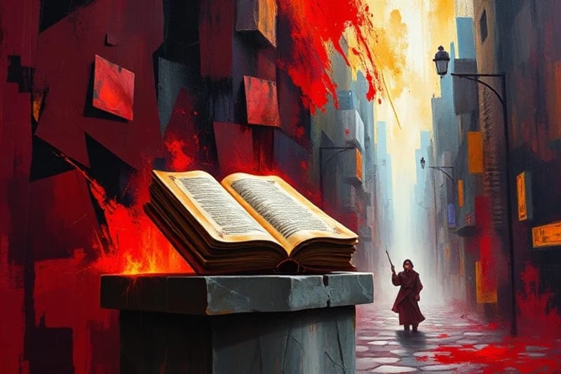 Pintura abstracta de sacrificio espiritual y devoción en un entorno urbano caótico