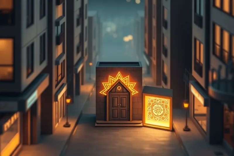 Ilustración vectorial de luz divina entrelazada con arquitectura urbana nocturna