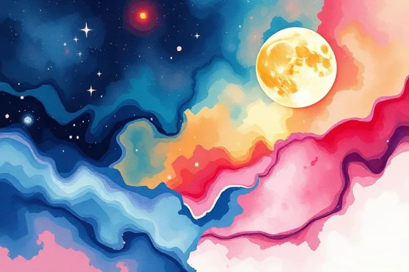 Abstract watercolor painting depicting emotional transitions, with subtle lunar phase motifs and calming color gradients.