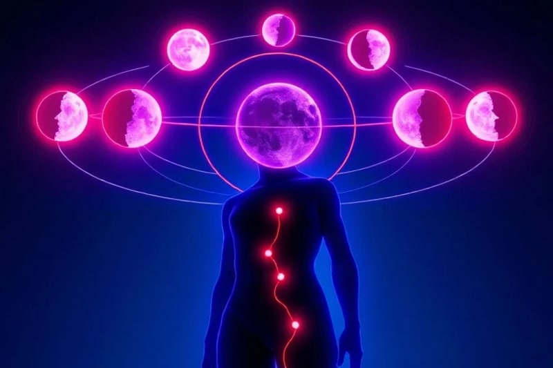 3D render of a glowing human silhouette connected to orbiting, translucent spheres representing different lunar phases, against a cosmic background.