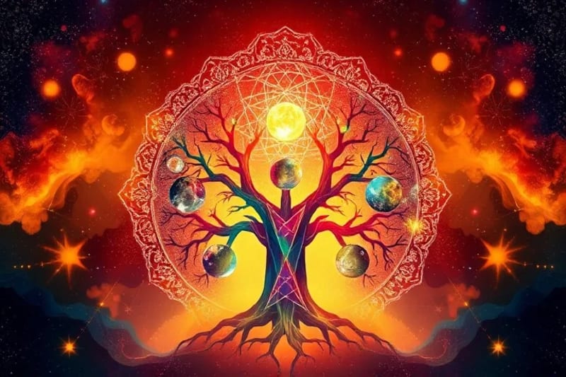 Árbol genealógico con ramas de colores elementales