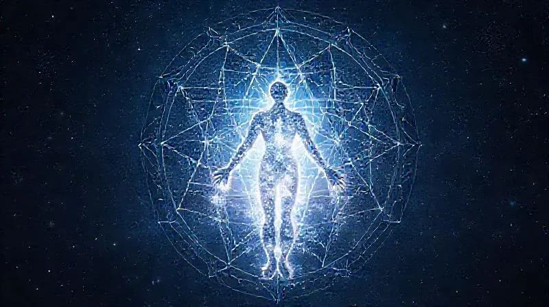 Stylized glowing human silhouette separating from body