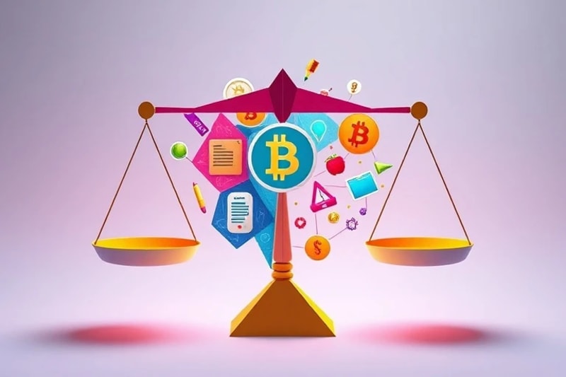Stylized vector art representing legal scales, blockchain symbols, and digital assets in a metaverse.