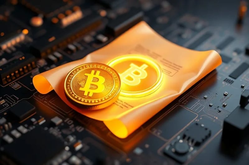 Conceptual 3D render of a glowing digital contract and virtual currency, symbolizing digital ownership.