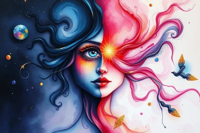 Abstract watercolor rendering of a fragmented human figure, with dark, swirling shadows merging with soft, illuminated areas, symbolizing the integration of unconscious aspects.