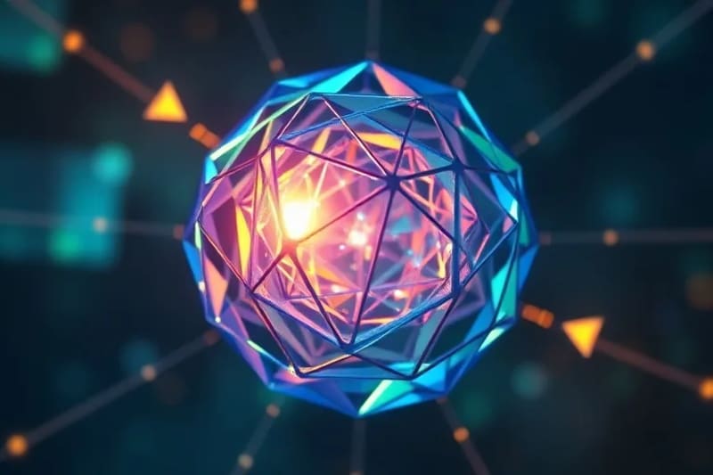 Intricate 3D render of a glowing, geometric sphere made of translucent crystalline structures, symbolizing psychological wholeness and the integrated self, surrounded by abstract, interconnected lines.