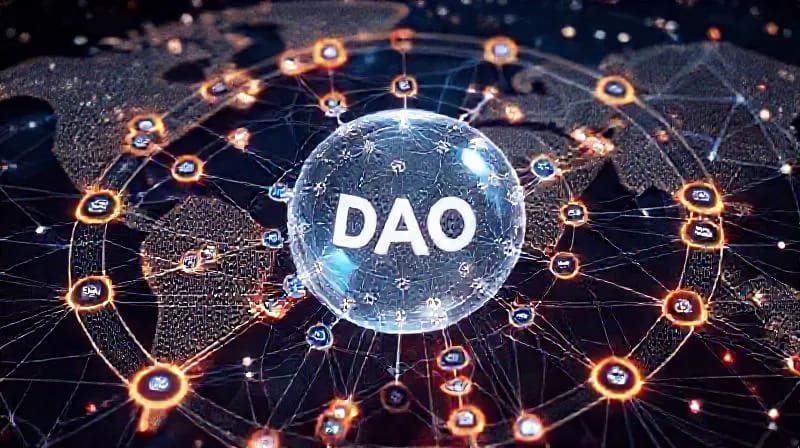 Diagrama de gobernanza descentralizada con nodos interconectados.