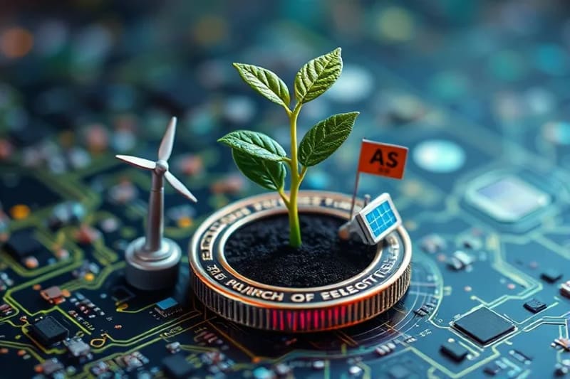 Semilla creciendo de una moneda digital, rodeada de energía renovable.