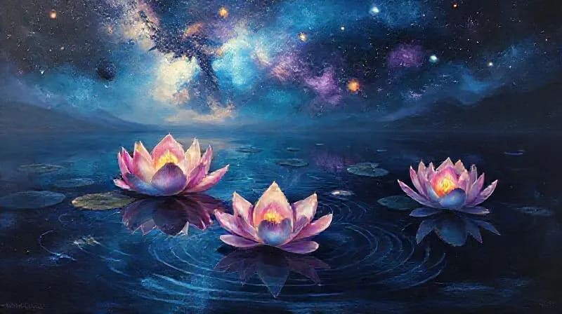 A tranquil pool of dark water reflecting a cosmic sky with nebulae and stars, adorned with glowing lotus flowers.