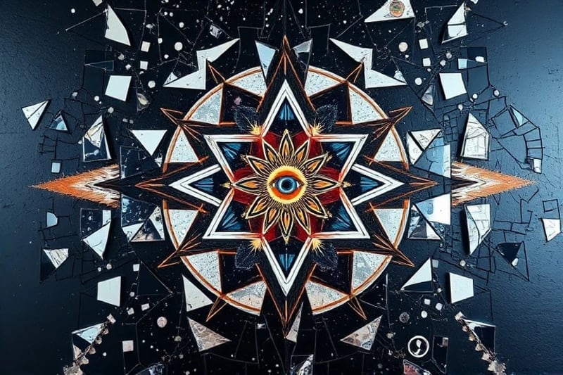 A fragmented mosaic of shattered mirror pieces reflecting diverse symbolic images like an eye, a path, a flame, and a celestial symbol.