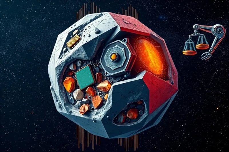 Ilustración vectorial de un asteroide con vetas de minerales siendo extraído por brazos robóticos, con símbolos legales abstractos entrelazados.