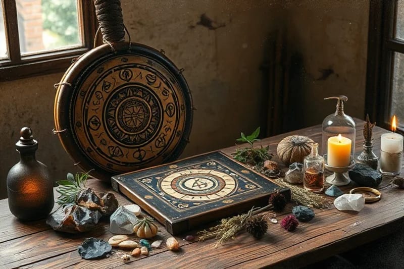 Still life of shamanic drum, tablet, crystals, and herbs