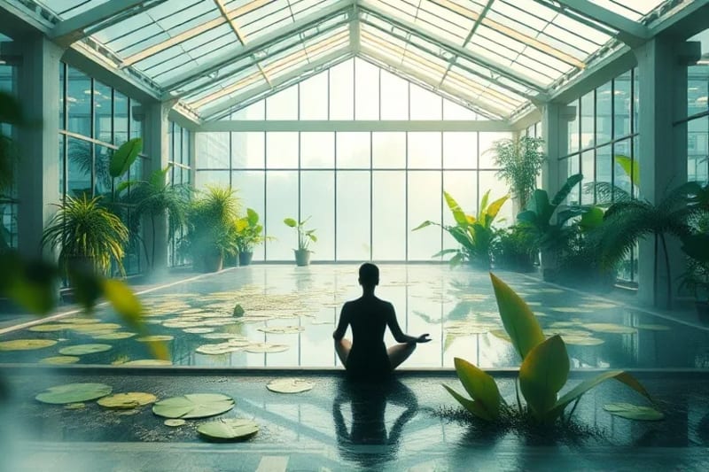 Persona meditando en un jardín interior, rodeada de plantas y luz suave