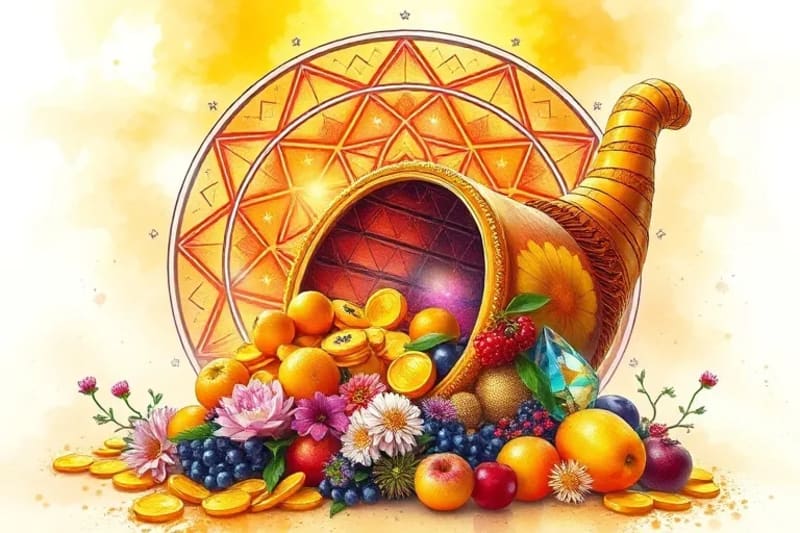 Cornucopia desbordante de oro, frutas y gemas en acuarela, simbolizando prosperidad
