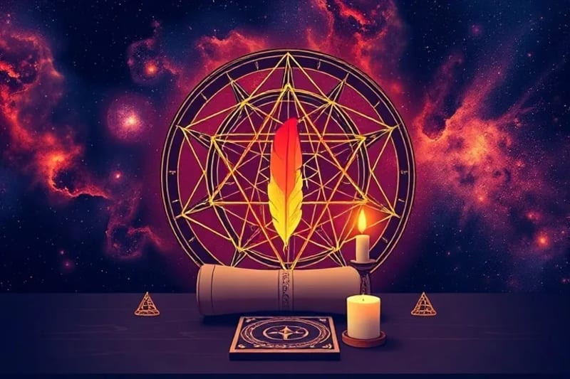 Altar minimalista con cristal, pluma, pergamino y vela en arte vectorial, simbolizando ritual