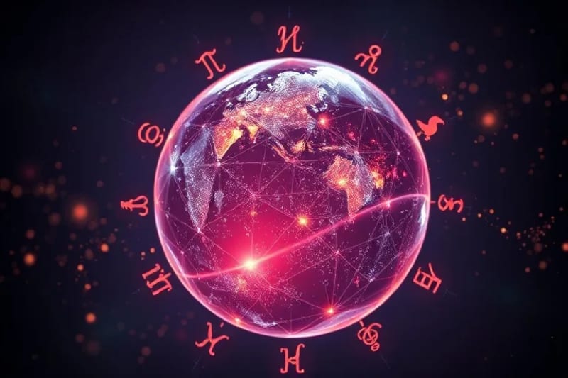 Abstract digital painting of interconnected human minds forming a neural network over Earth, with astrological symbols and data streams, representing global consciousness.