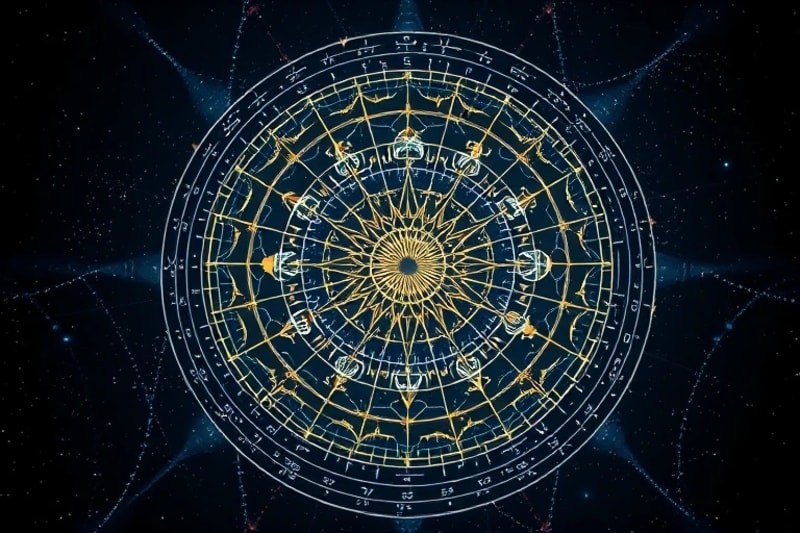 3D render of a detailed birth chart with AI-generated data visualizations, showing glowing planetary lines and nodes, surrounded by digital code, symbolizing advanced astrological analysis.