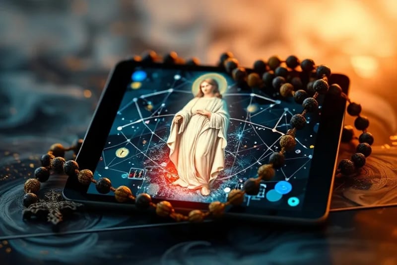 Rosario antiguo entrelazado con cables de fibra óptica y microchips, sobre una pantalla digital con una imagen pixelada de la Virgen.